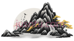 山,树,鸟,太阳,水墨画,黑色,灰色,黄色PNG