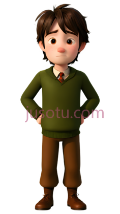 卡通人物,3D动画,绿色毛衣, 棕色裤子, 棕色鞋子PNG