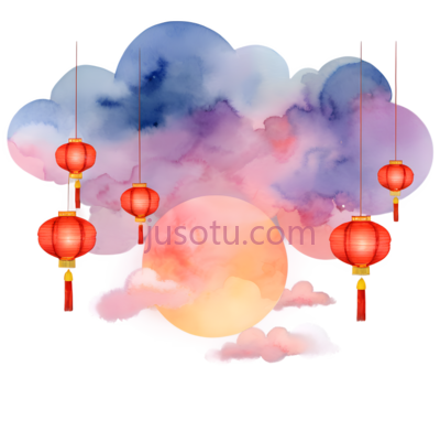 灯笼,水墨画,红色, PNG