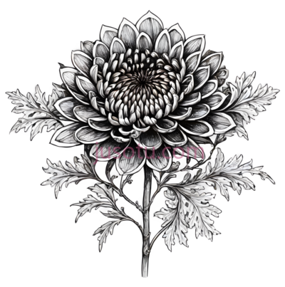 菊花,黑白插画,黑色背景上的白色, PNG