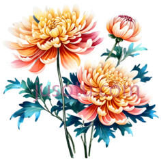 菊花,水彩画,黄色,粉色,蓝色PNG