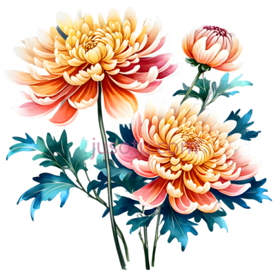 菊花,水彩画,黄色,粉色,蓝色, PNG