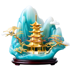 风景瓷雕,传统中式山水画,蓝色,金色,白色PNG