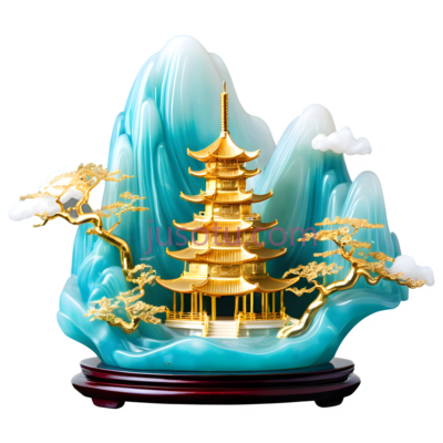 风景瓷雕,传统中式山水画,蓝色,金色,白色, PNG
