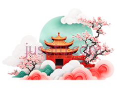 中国建筑,樱花树,卡通,红色,粉色,绿色PNG