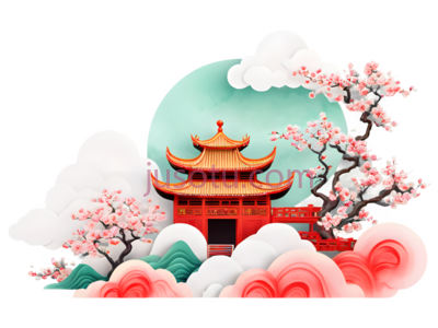 中国建筑,樱花树,卡通,红色,粉色,绿色, PNG