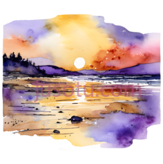 日落海滩,水彩画,黄色,紫色,橙色PNG