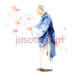 老人,水墨画,蓝色上衣, 白色裤子PNG