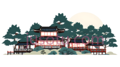 中式建筑,插画,绿色树木, 白色月亮, 红色,白色建筑PNG