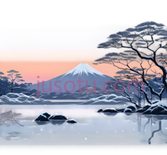 山, 树木, 湖泊,插画,蓝色, 灰色, 白色PNG