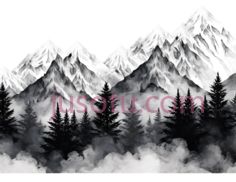 山脉,树木,水墨画,黑白PNG