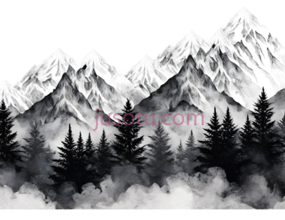 山脉,树木,水墨画,黑白, PNG