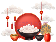 云,红灯笼,红色圆形物体,白色食物,黑色碗,黄色小碗,黑色小碗,红色罐子,黄色圆形物体,中国风,节日气氛,白色,红色,黄色,黑色PNG