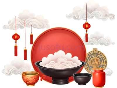 云,红灯笼,红色圆形物体,白色食物,黑色碗,黄色小碗,黑色小碗,红色罐子,黄色圆形物体,中国风,节日气氛,白色,红色,黄色,黑色, PNG