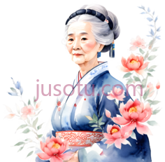 老年女性,水墨画,蓝色,粉色PNG