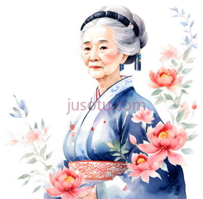 老年女性,水墨画,蓝色,粉色, PNG