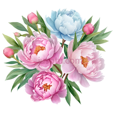 牡丹,水彩画,粉色,蓝色, PNG