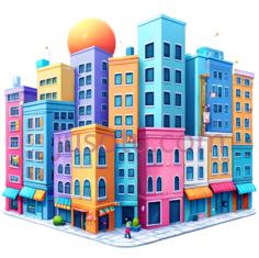城市建筑群,卡通,蓝色,粉色,黄色,橙色PNG