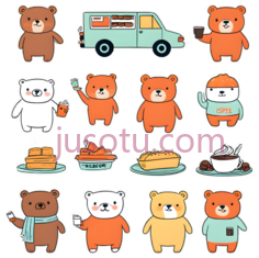 熊,货车,蛋糕,咖啡杯,卡通,插画,白色, PNG