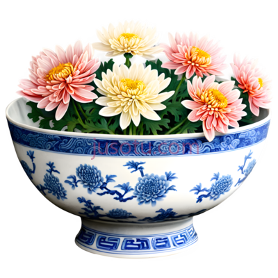 秋菊,古典,瓷碗, PNG