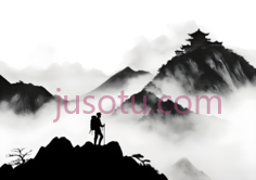 登山者,水墨画,黑白PNG