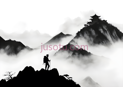 登山者,水墨画,黑白, PNG