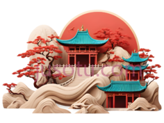 亭子,山石,树木,中国风,红色,蓝色,白色PNG