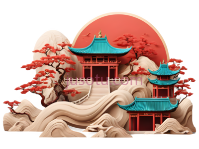 亭子,山石,树木,中国风,红色,蓝色,白色, PNG