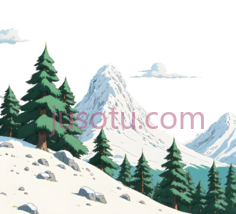 雪山,松树,插画,白色,绿色,灰色PNG