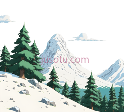 雪山,松树,插画,白色,绿色,灰色, PNG
