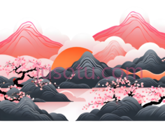 山,太阳,云,花,水墨画,粉色,灰色,白色PNG