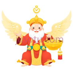 财神,微笑,长袍,金色卷发,翅膀,宝箱,神话PNG