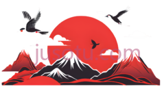 太阳,山脉,仙鹤,插画,红色,白色,黑色PNG