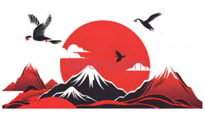 太阳,山脉,仙鹤,插画,红色,白色,黑色, PNG