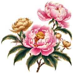 牡丹,绘画,粉色,黄色,绿色PNG