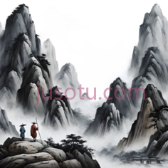 山,两个人,水墨画,红色,蓝色PNG