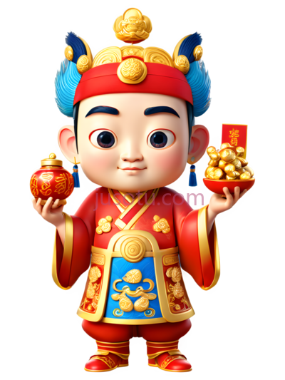 财神,卡通,红色, 金色, PNG
