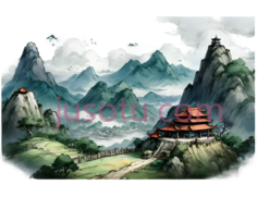 山水画,中国传统水墨画,绿色,蓝色,白色,红色PNG
