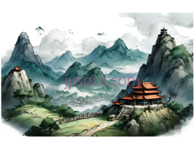 山水画,中国传统水墨画,绿色,蓝色,白色,红色, PNG