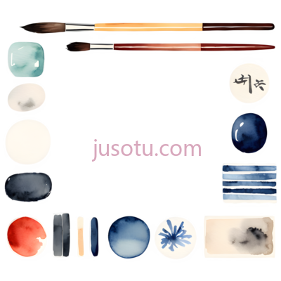 毛笔,瓷盘,瓷瓶,瓷碗,水墨画,青花瓷,现代,工艺,红色, PNG