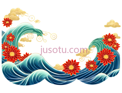 海浪,花朵,插画,蓝色,红色,黄色, PNG