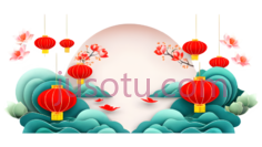 灯笼,梅花,云朵,中国风,红色,粉色,绿色PNG
