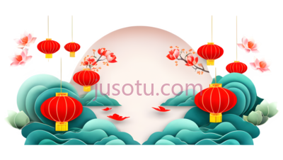 灯笼,梅花,云朵,中国风,红色,粉色,绿色, PNG