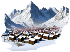 雪山村庄,插画,白色,棕色PNG