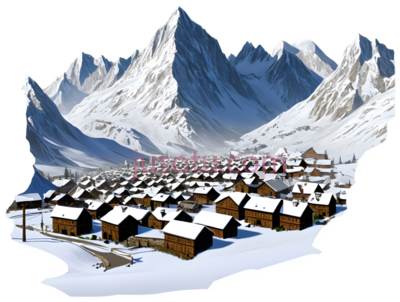 雪山村庄,插画,白色,棕色, PNG