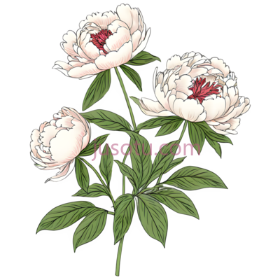 牡丹,插画,白色,红色, PNG