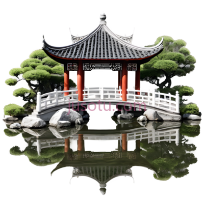亭子,中式建筑,红色柱子,白色栏杆, PNG
