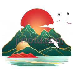 太阳,山,云,鸟,插画,红色,绿色,白色PNG