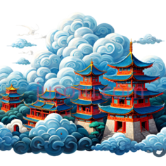 塔,中国风,蓝色,红色,黄色PNG