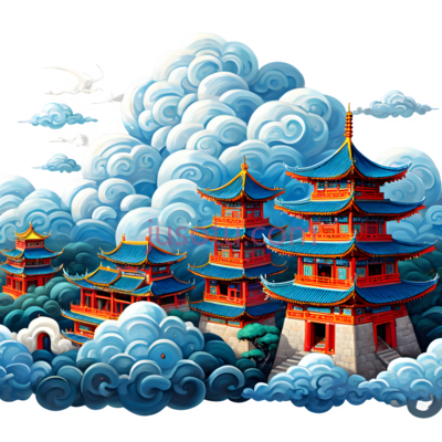 塔,中国风,蓝色,红色,黄色, PNG